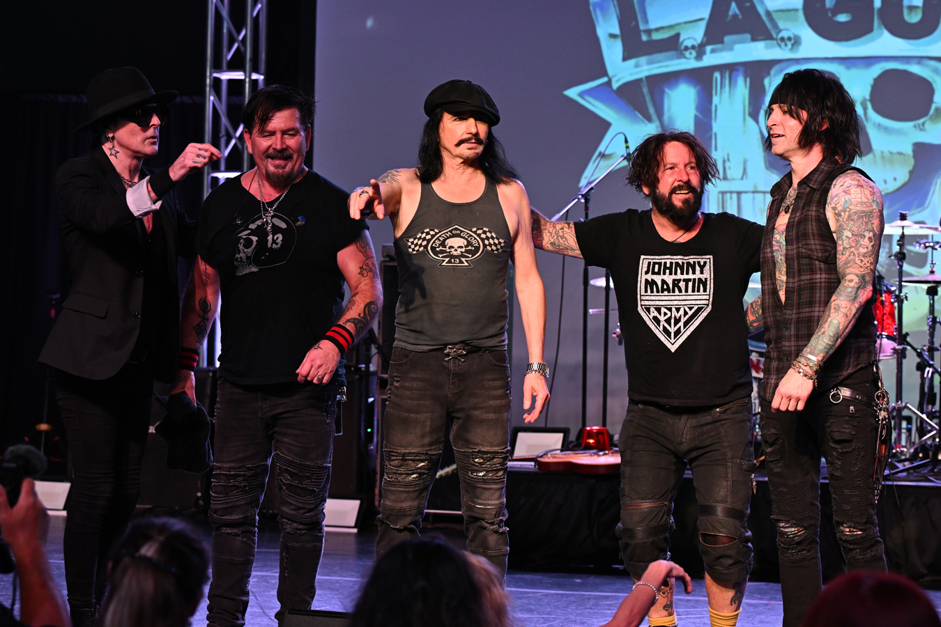 DANIA BEACH FL - MAY 10: Ace Von Johnson, Tracii Guns, Johnny Martin, Shawn Duncan and Phil Lewis of LA Guns perform during The "Lucky MF'r Tour" on Stage 954 at the Dania Beach Casino on May 10, 2025 in Dania Beach, Florida. Photo By Larry Marano © 2025
